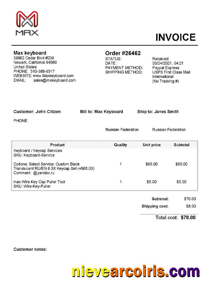 USA Max Keyboard Company invoice